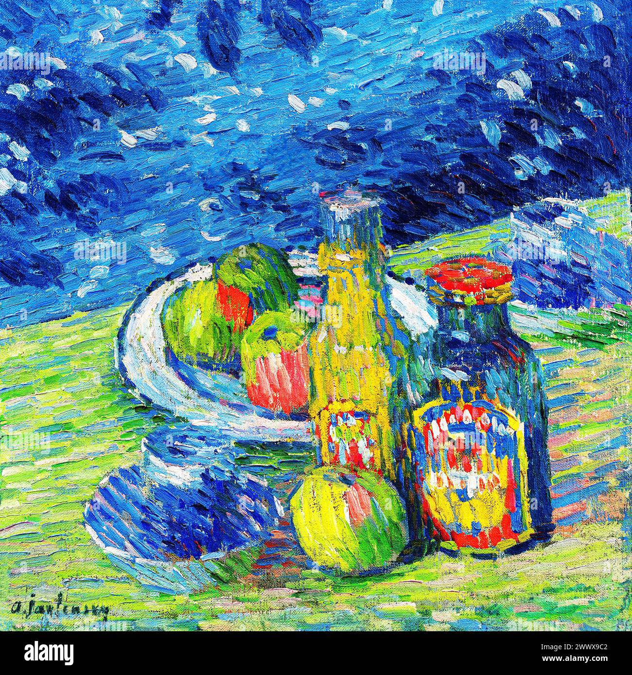 Still Life with Bottles and Fruit (1900) vintage painting by Alexej von Jawlensky. Original public domain image from The National Gallery of Art. Stock Photo