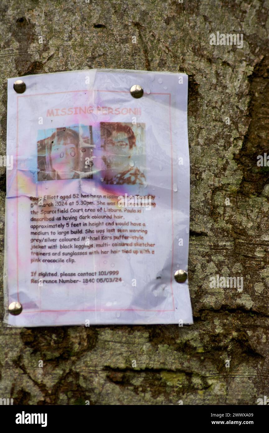 Belfast, United Kingdom 26 03 2024 Missing person Paula Elliott poster placed in Sir Thomas and Lady Dixon Park. Search and rescue continue to search along the Lagan towpath Belfast Northern Ireland Credit: HeadlineX/Alamy Live News Stock Photo