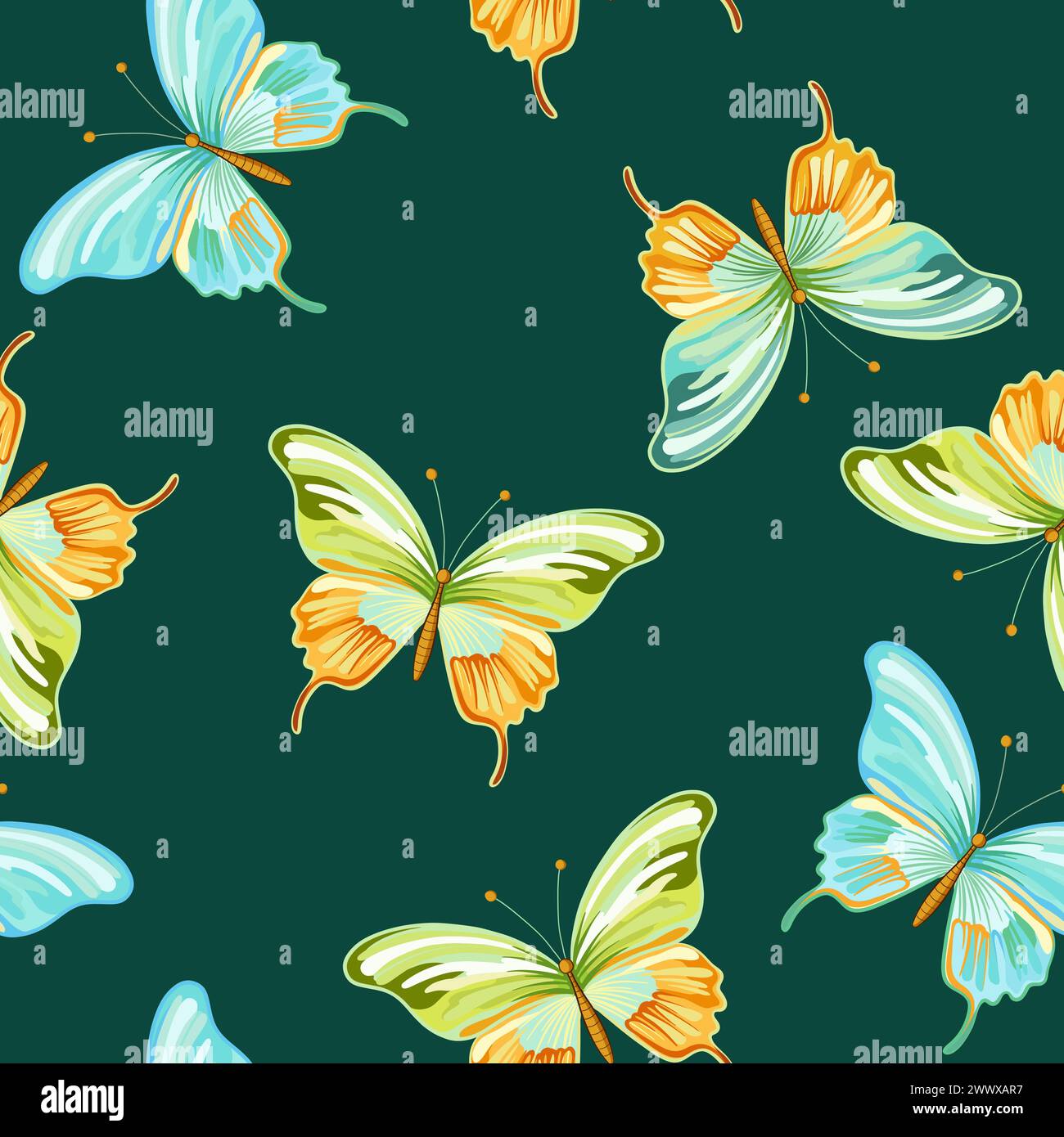 Seamless pattern of elegant beautiful tropical butterflies and plants isolated on background. Cute flying butterfly insects and leaves for decorative Stock Vector