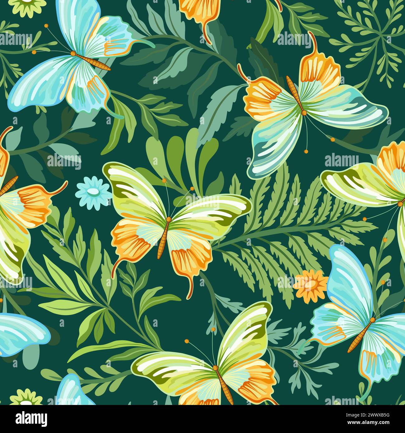 Seamless pattern of elegant beautiful tropical butterflies and plants isolated on background. Cute flying butterfly insects and leaves for decorative Stock Vector