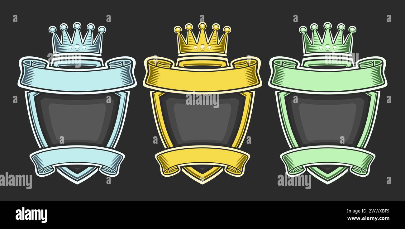 Vector Royal Crests Set, collection of three isolated illustration colorful heraldic crests with copyspace, group of decorative variety retro signboar Stock Vector