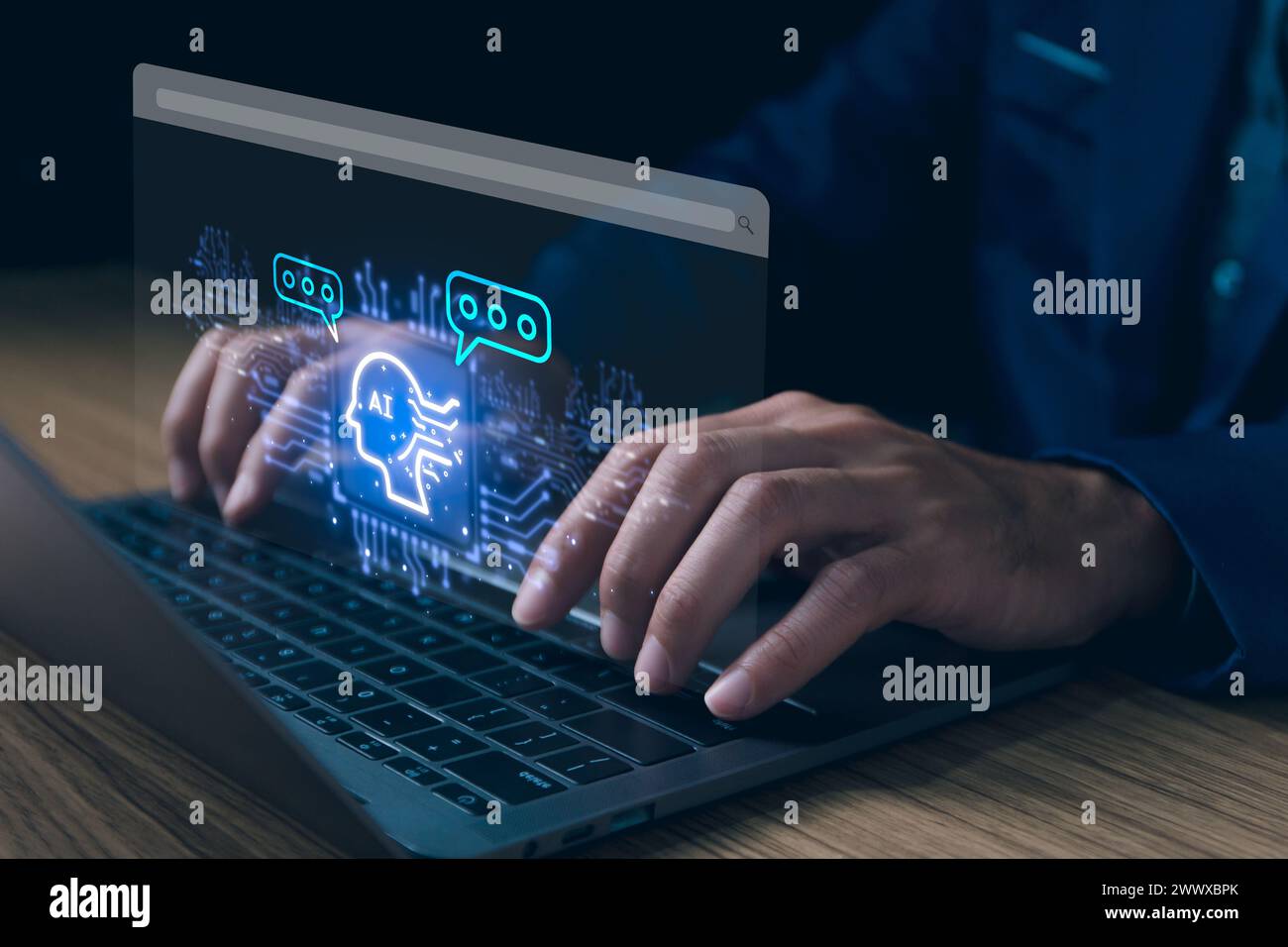 AI generated artificial intelligence chatbot, humans use AI technology enter command prompt for generate, Business person chatting with a smart bot de Stock Photo