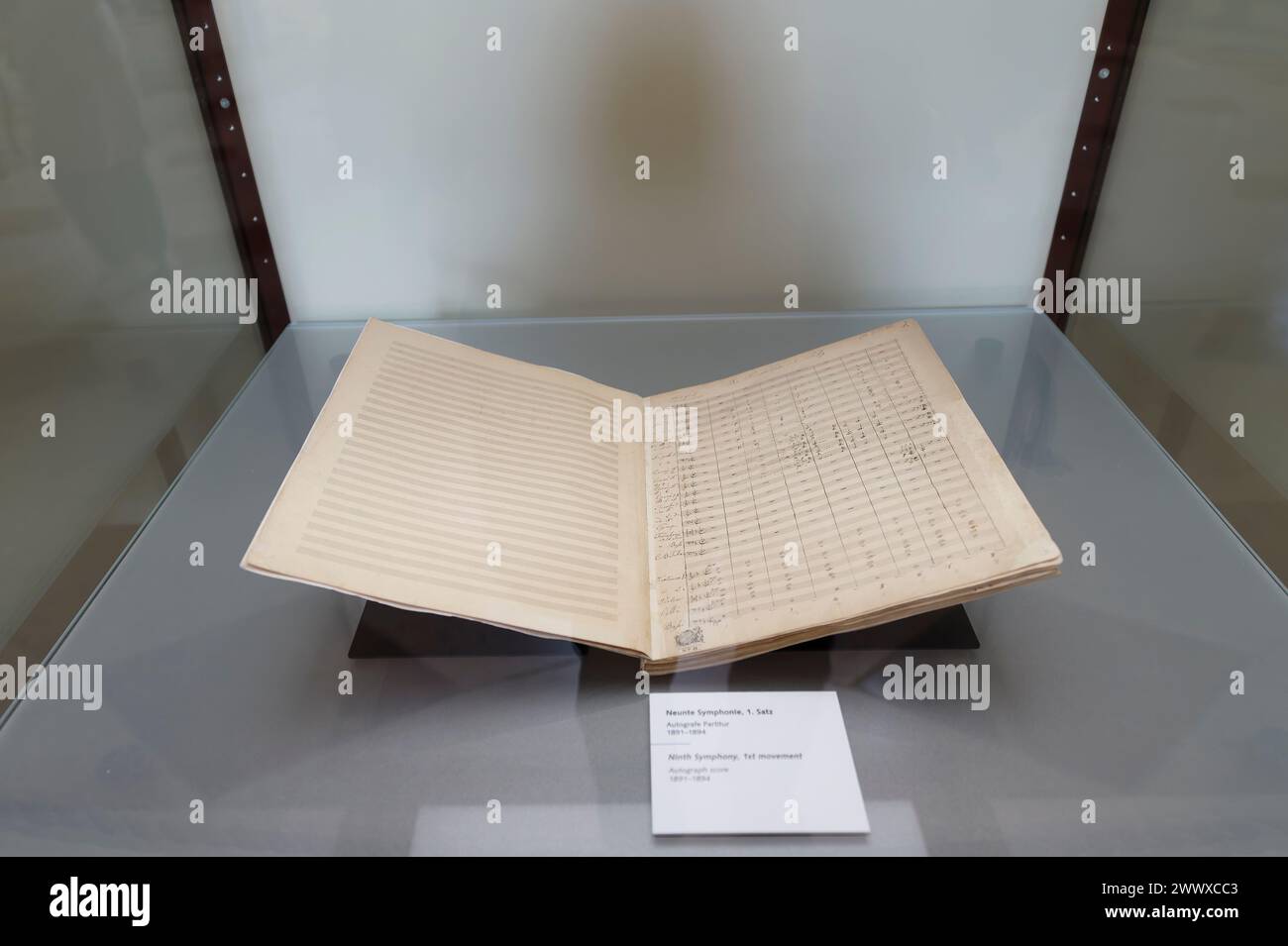 Vienna, Austria. Special exhibition for Anton Bruckner's 200th birthday in the state hall of the Austrian National Library. Original score of the 9th Symphony, 1st movement by Anton Bruckner Stock Photo