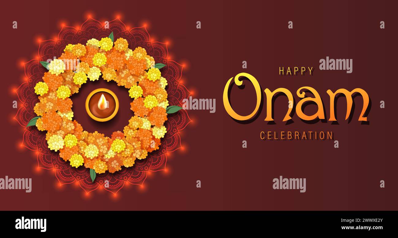 Happy Onam Poster Design with Marigold Rangoli Stock Vector