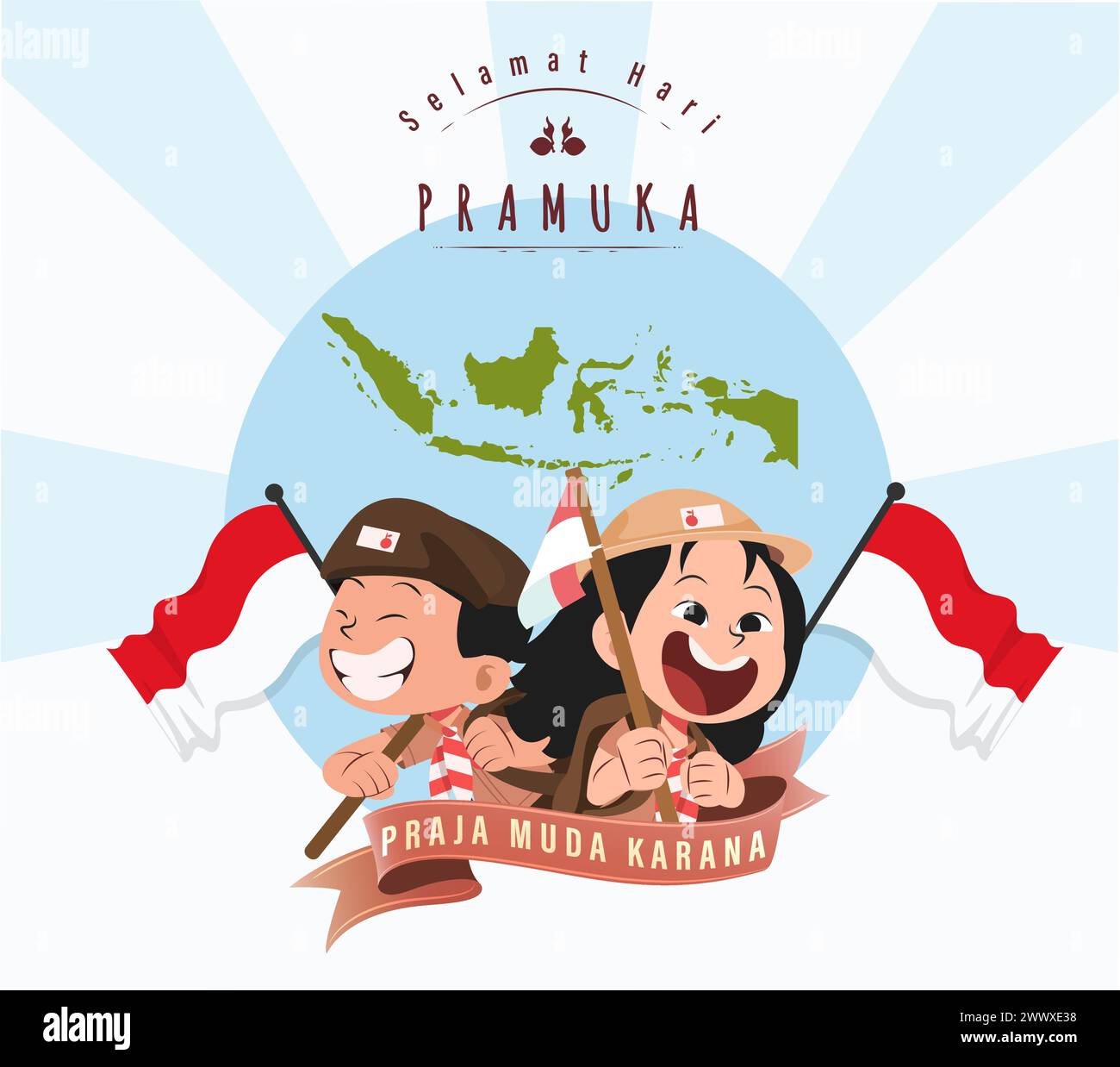 Translate: Happy Scout Day August 14 Indonesian Festival Day. Selamat Hari Pramuka. Vector Illustration. Boy and girl Student celebrate pramuka day. Stock Vector