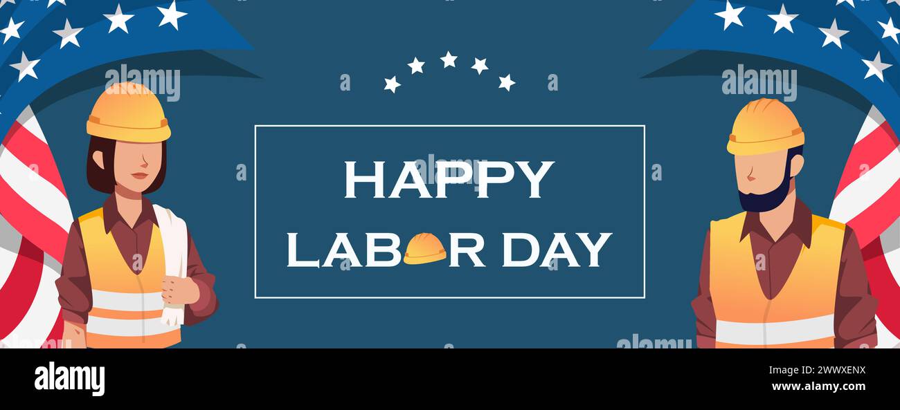 Happy Labor Day Vector Illustration with Labor Character and US Flag. Suitable for Template Poster, Banner, Flyer, Greeting Card etc Stock Vector