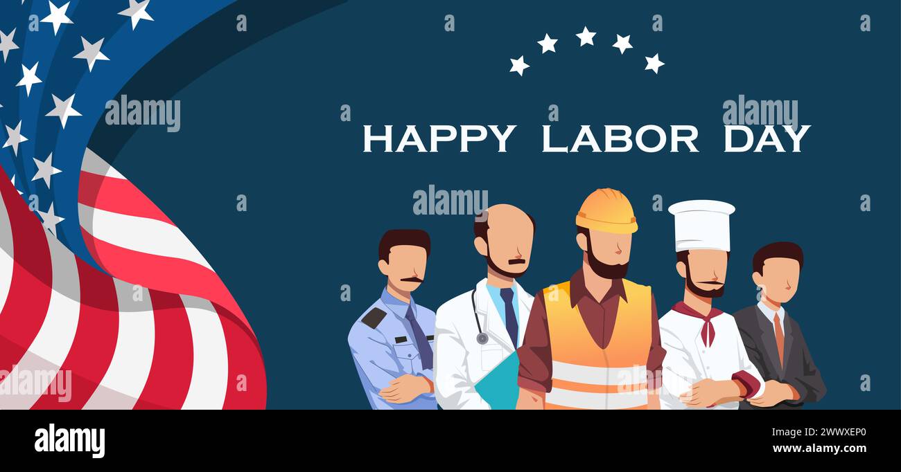 Happy Labor Day Vector Illustration with Labor Character and US Flag. Suitable for Template Poster, Banner, Flyer, Greeting Card etc Stock Vector