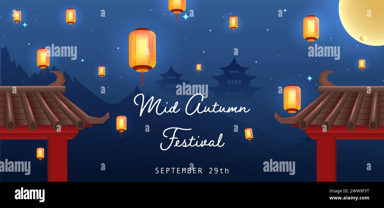 Happy Mid Autumn Festival with Red Chinese Temple, Rabbit, Mooncake and Flying Lantern Vector Illustration. Stock Vector