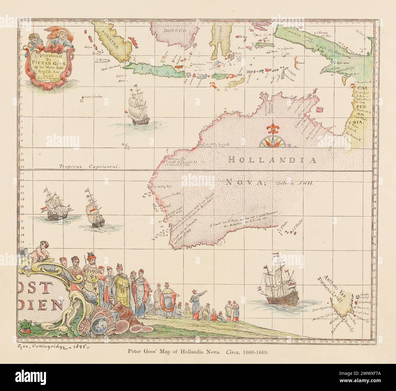 Vintage reproduction map of Peter Goos' map of Hollandia Nova, Circa, 1660-1669.   the lithograph was produced by Geo Collingridge in 1895 Stock Photo