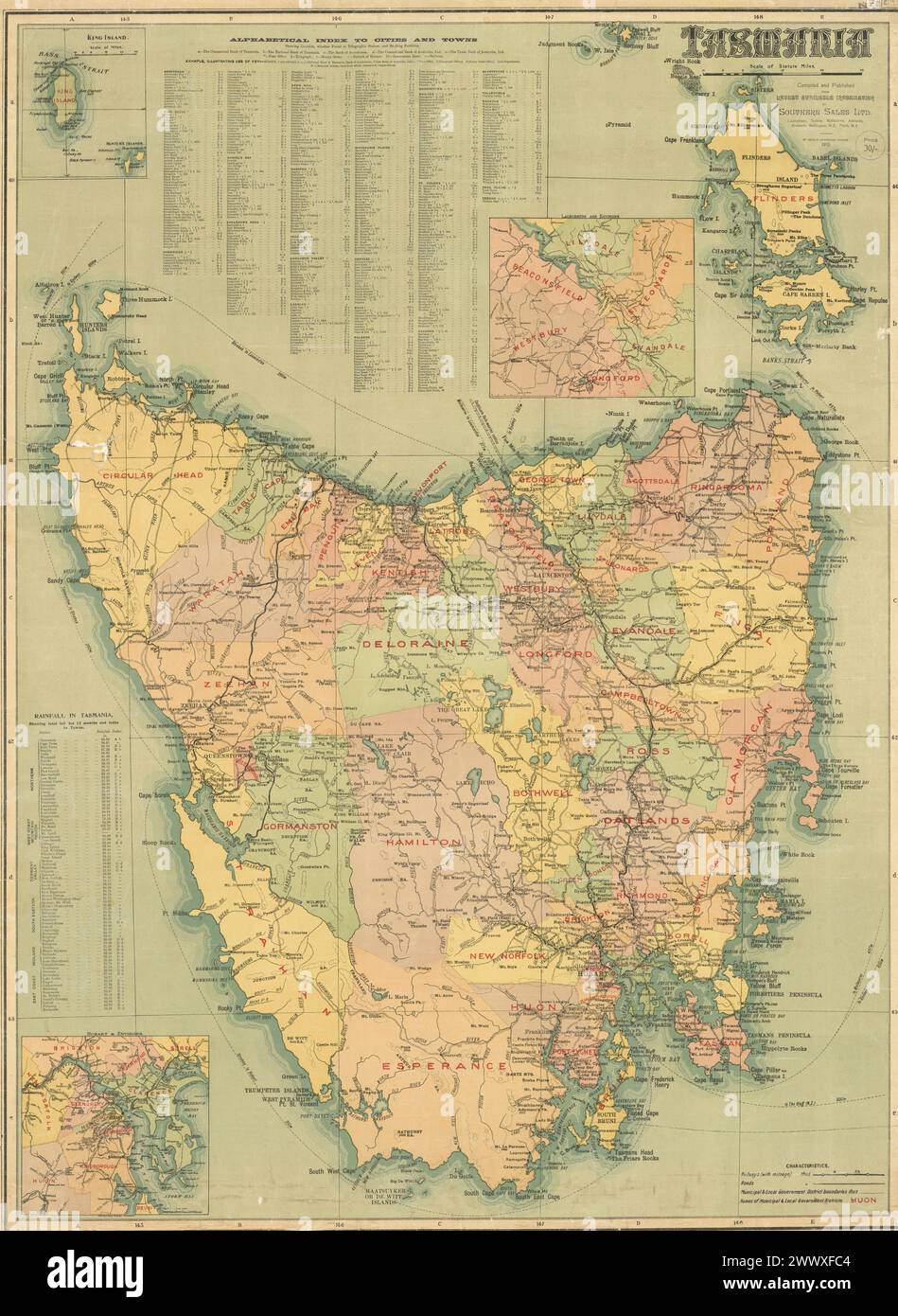 Vintage Geographic Map.  Tasmania  by H. E. C. Robinson Ltd., 1910 Stock Photo