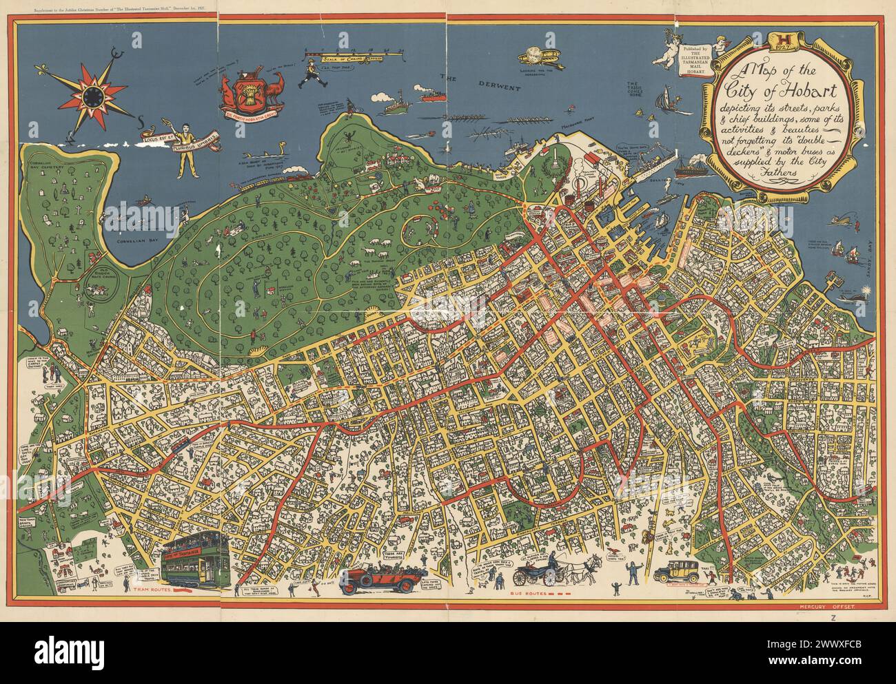 Vintage Pictorial Map. A map of the city of Hobart, Tasmania 1927  : depicting its streets, parks & chief buildings, some of its activities and beauties ... / Published by the Illustrated Tasmanian Mail, Hobart. Stock Photo