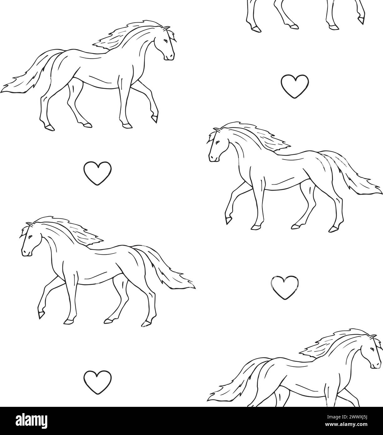 Vector seamless pattern of hand drawn sketch doodle horse and hearts ...