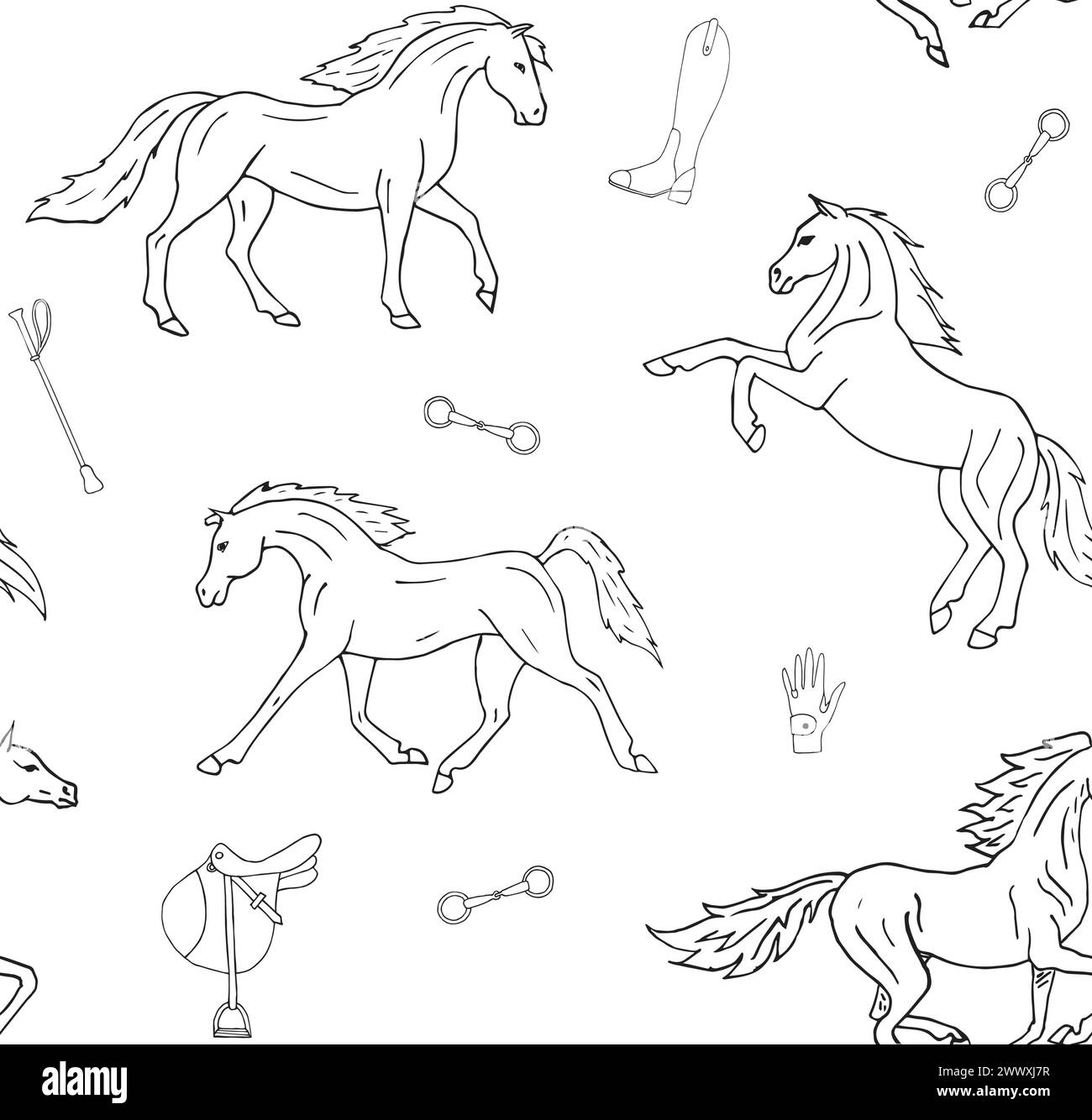Vector seamless pattern of hand drawn sketch doodle horses isolated on ...
