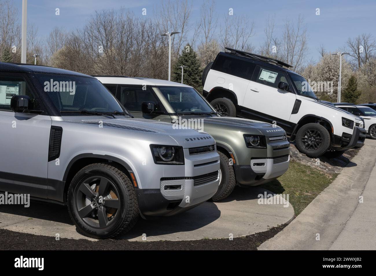 Indianapolis - March 24, 2024: Land Rover Defender display at a dealership. Land Rover offers the Defender in 90, 110 and 130 models. Stock Photo
