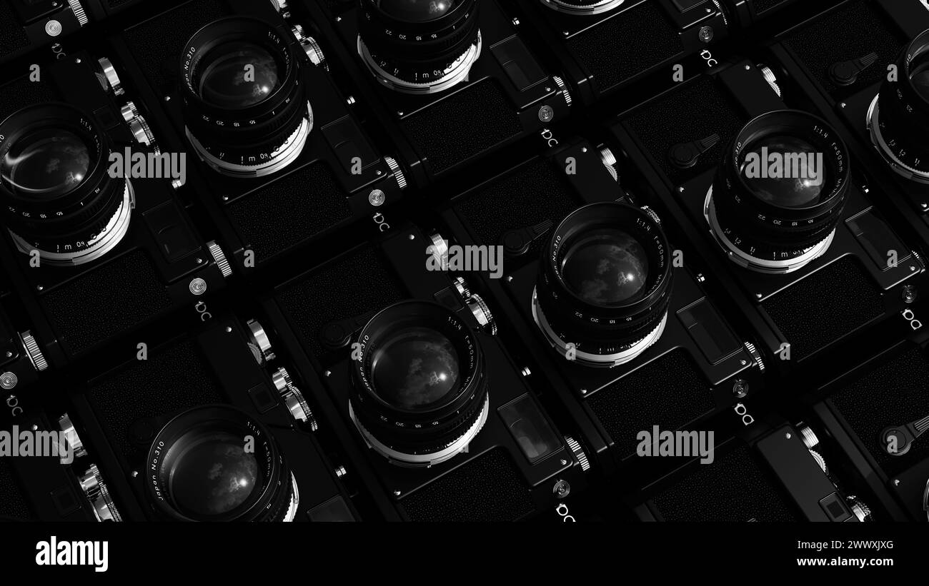 Camera lens flat lay grid old vintage retro film photography black background 3d illustration render digital rendering Stock Photo