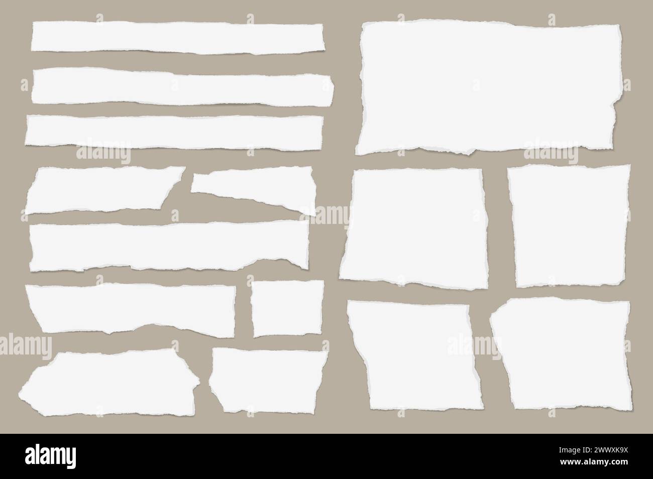 Set of torn white note paper pieces are on light brown background for text or ad. Stock Vector