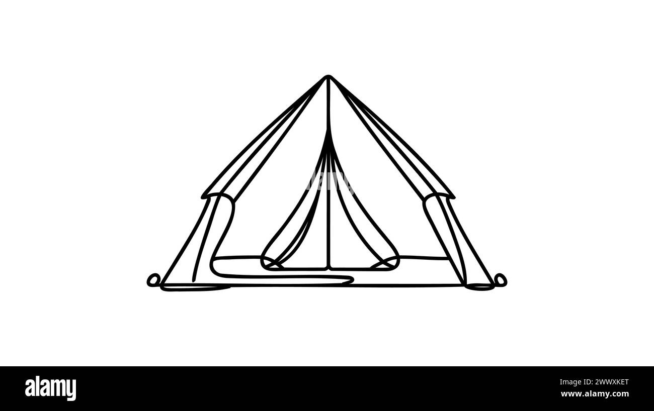 Single continuous line drawing tent camping in outdoor travel. Nature