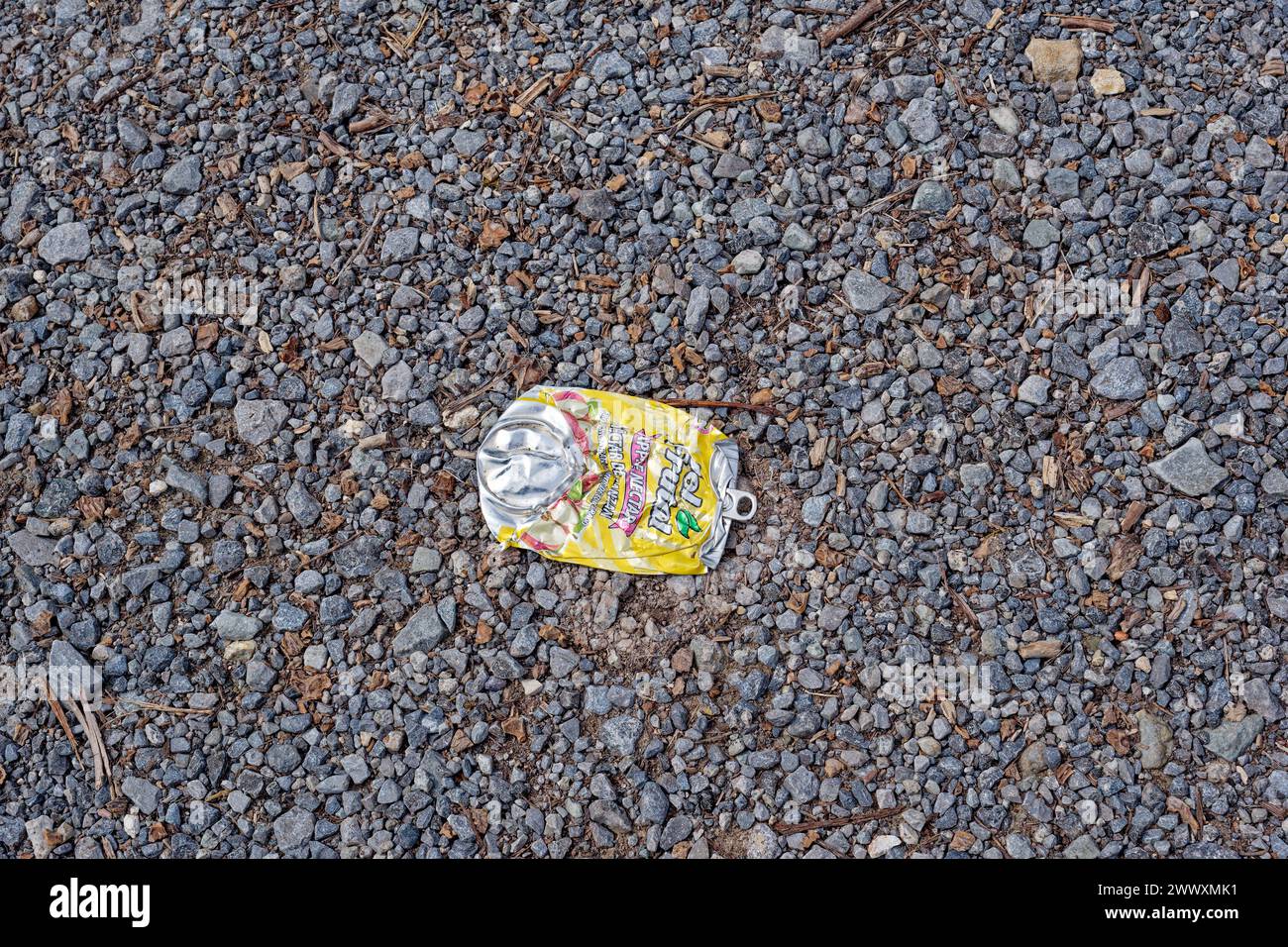 A bright and colorful soda or juice can flatten on the ground in the gravel parking lot closeup view with copy space Stock Photo