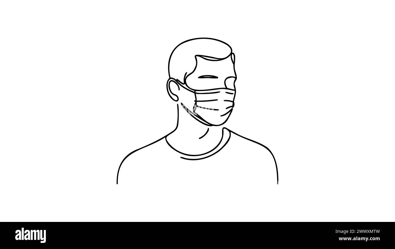 One continuous line drawing medical face mask. Concept of coronavirus. Continuous single drawn person in mask one line hand-drawn picture silhouette. Stock Vector