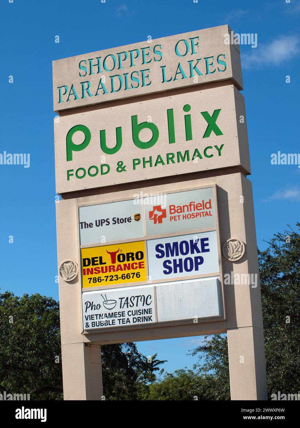Miami, Florida, United States - November 21, 2023: Publix Supermarket logo in a shopping mall of West Kendall. Stock Photo