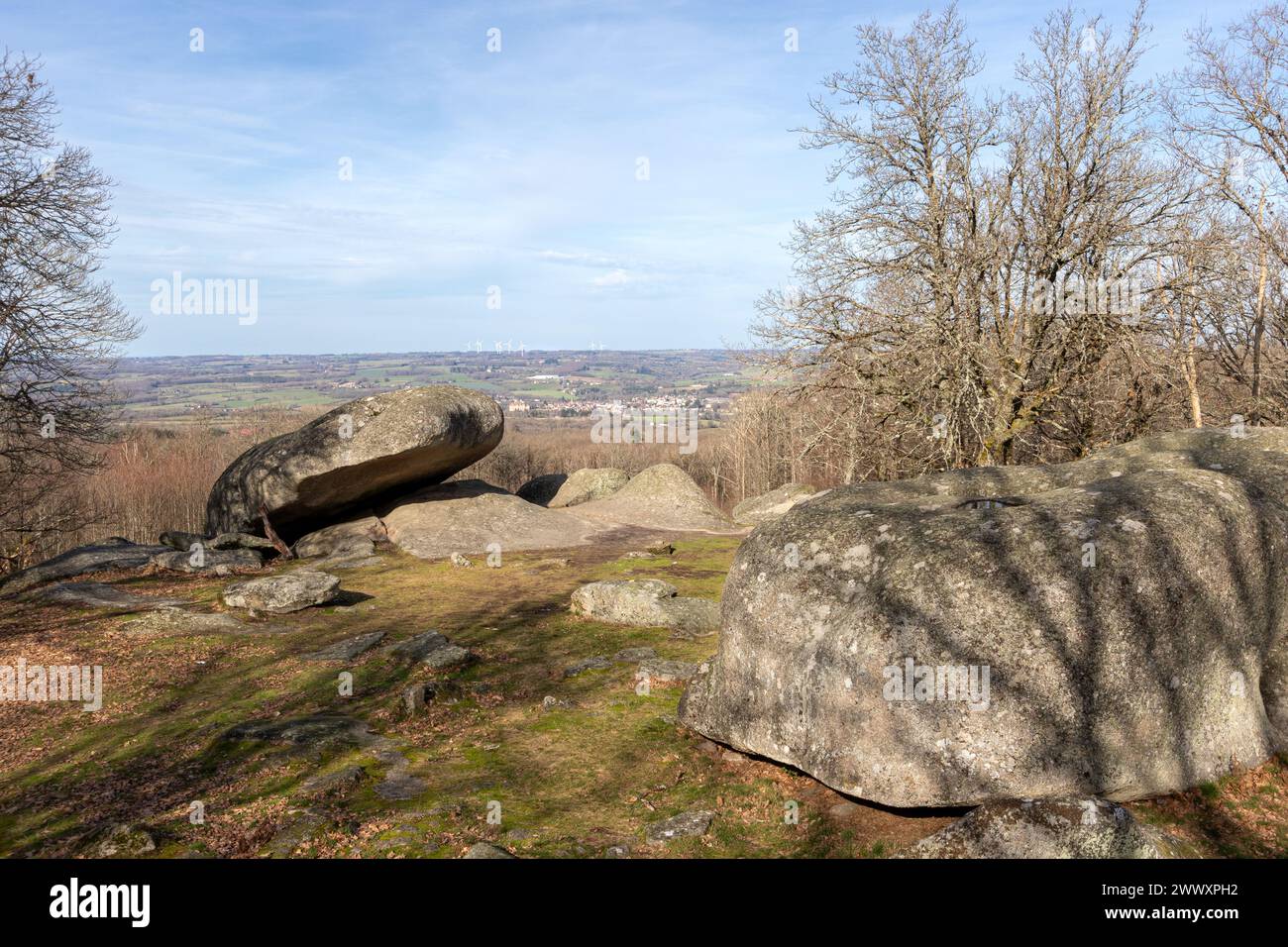 Les  Pierres Jaumâtres on a blue sky sunny day. Stock Photo
