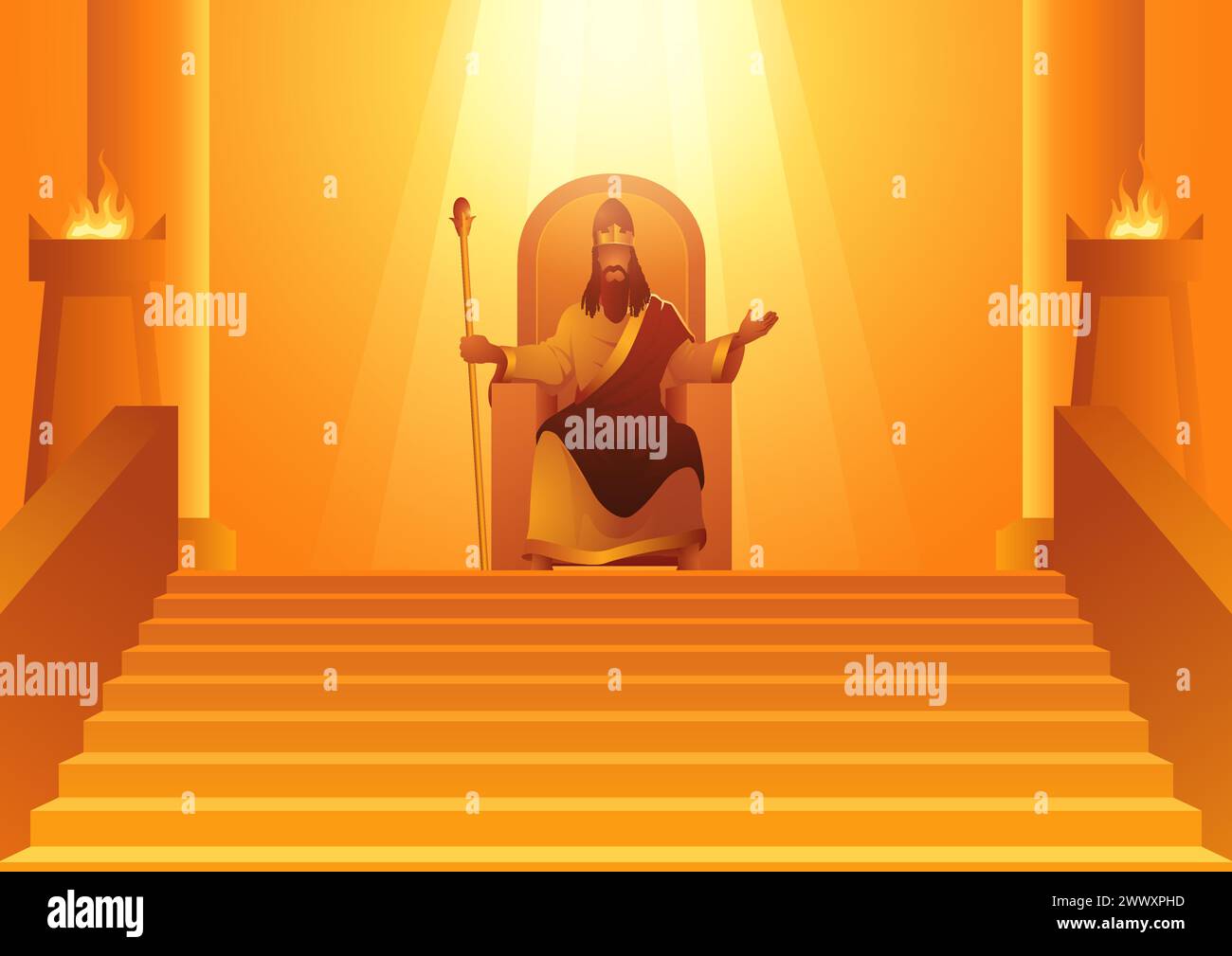 Series of vector illustrations of the biblical figure, King David sitting on a throne with rays of light shining on him as a symbol of Gods covenant w Stock Vector