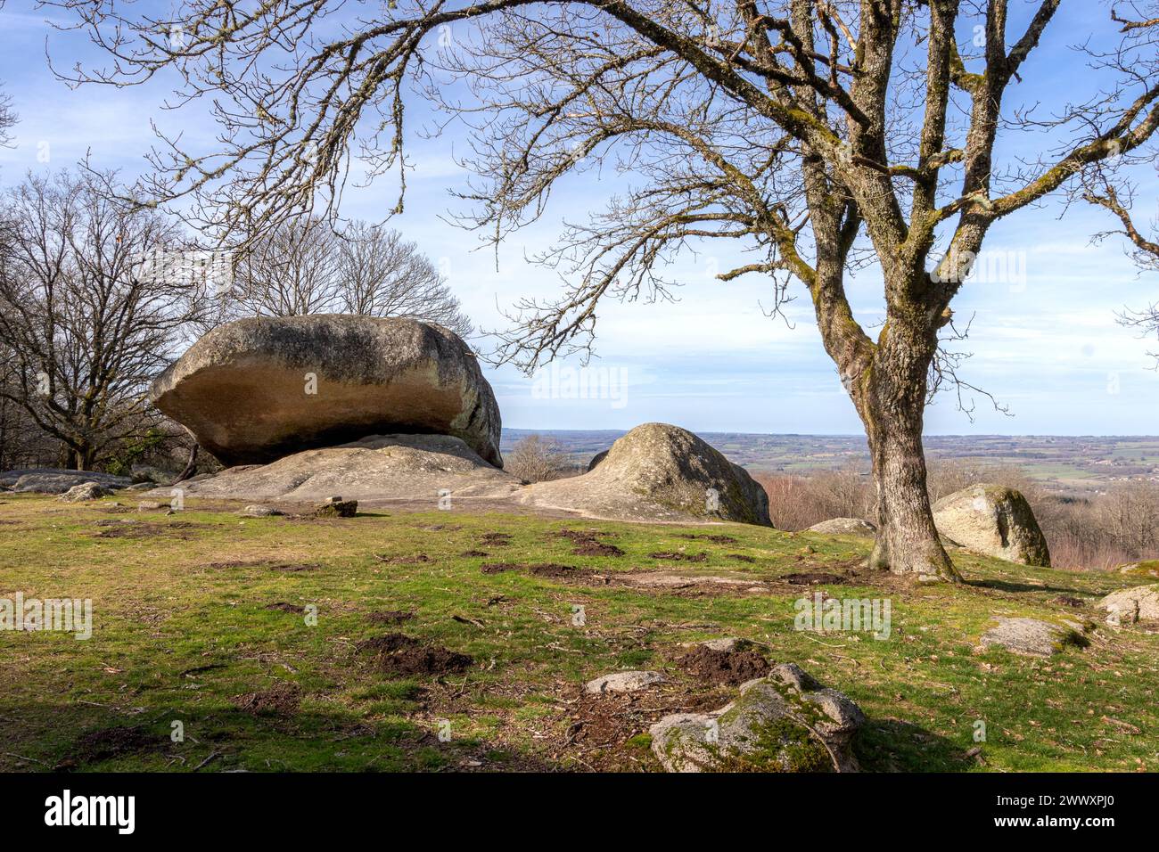 Les  Pierres Jaumâtres on a blue sky sunny day. Stock Photo