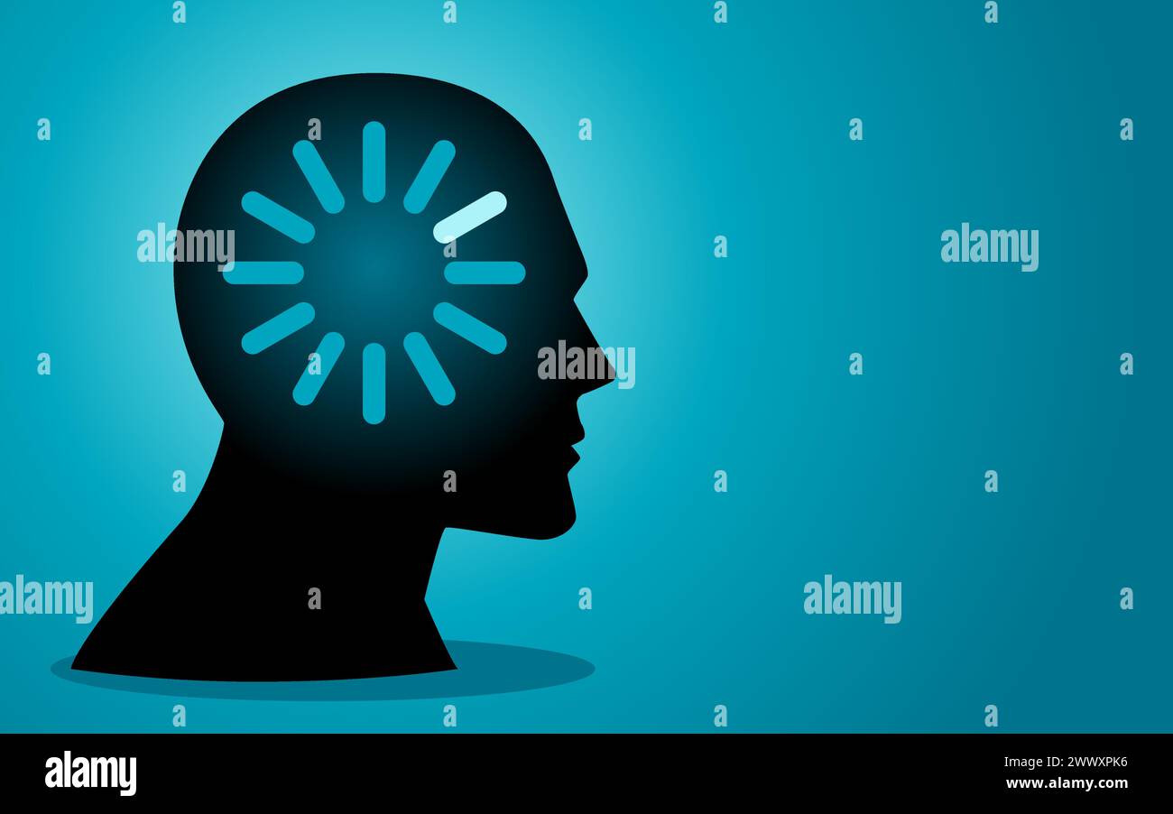 Vector illustration featuring a human head with loading icon in his ...