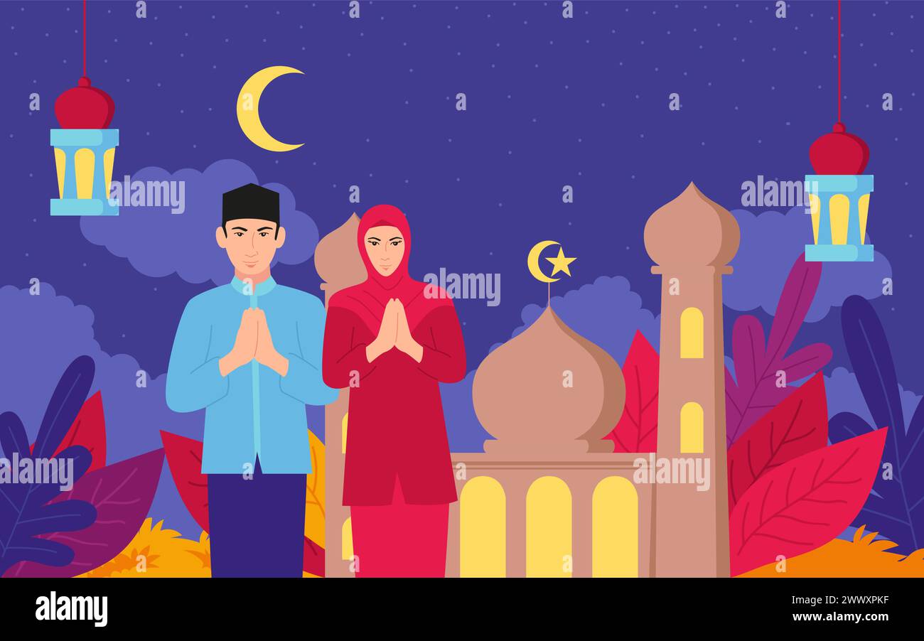 Simple flat cartoon illustration of a couple dressed in traditional Indonesian Muslim costumes, warmly greetings against the backdrop of a mosque and Stock Vector