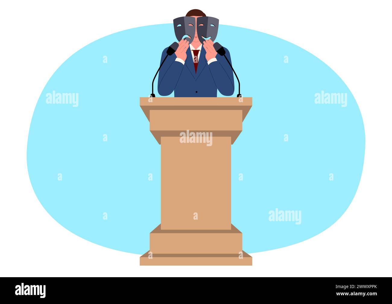 Politician holding both a happy and a sad mask on the podium, symbol of the political personas, conveying the duality of expressions in the public eye Stock Vector