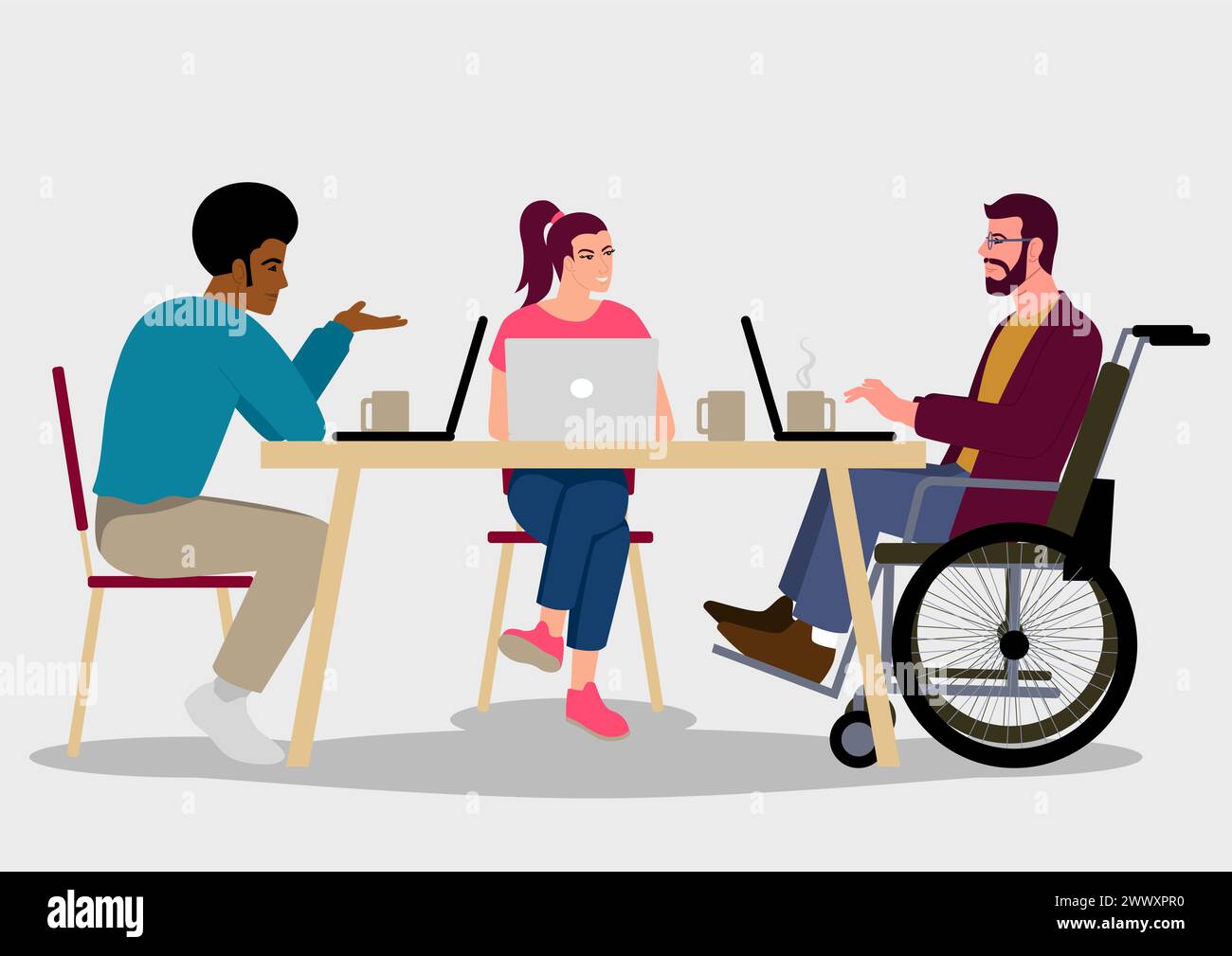 Simple flat vector illustration of three individuals with diverse backgrounds collaborating while working casually with a laptop. Captures the essence Stock Vector