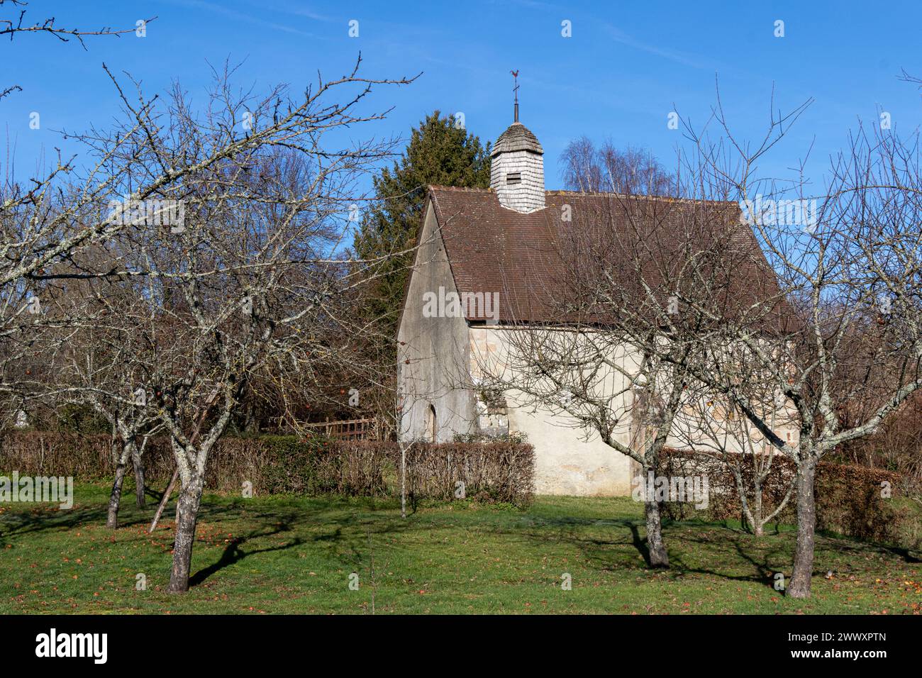 Small chapel at Lignaud, Lourdoueix-Saint-Pierre, Creuse, France on a sunny winter's day. Stock Photo