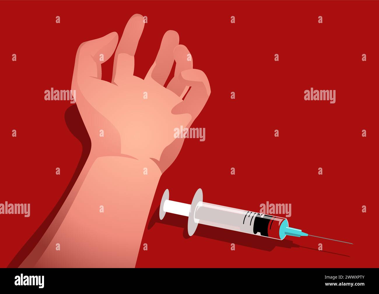 Illustration depicting a limp hand on the floor beside a syringe, awareness about the harsh realities of drug addiction, substance abuse, drug overdos Stock Vector
