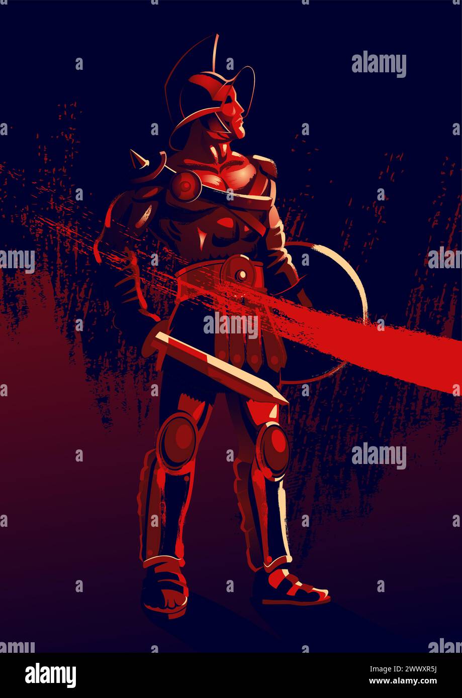 Grunge style vector illustration of a gladiator standing with sword and ...