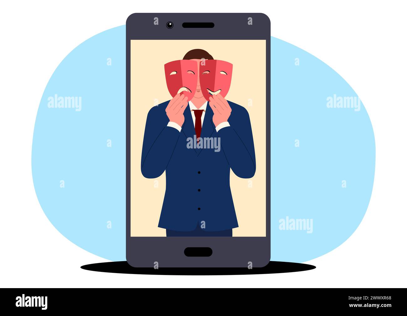 Man in a suit holding both a happy and sad mask, symbol of pretense, hiding true emotions behind a facade. Ideal for conveying themes of authenticity Stock Vector