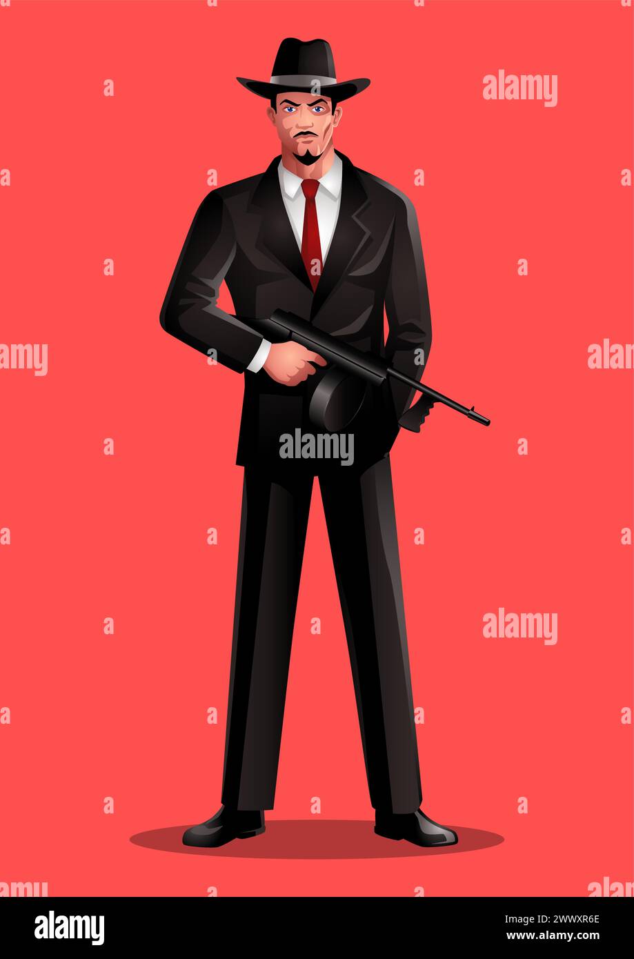 Vector illustration of of a man holding machine gun, gangster, mobster, mafia character Stock Vector