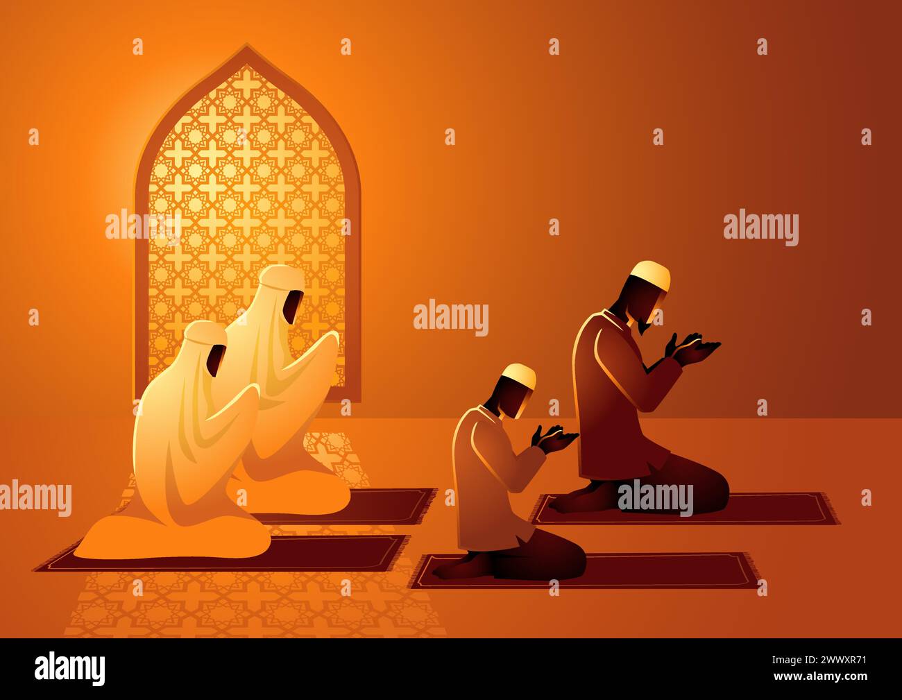Vector illustration of muslim family praying together Stock Vector