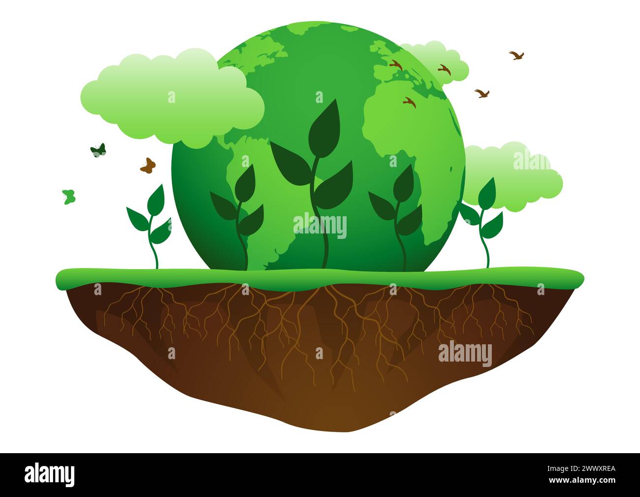 Symbol of environmental consciousness, portraying the vision of a sustainable Earth through reforestation. Young trees being planted, embodying the pr Stock Vector