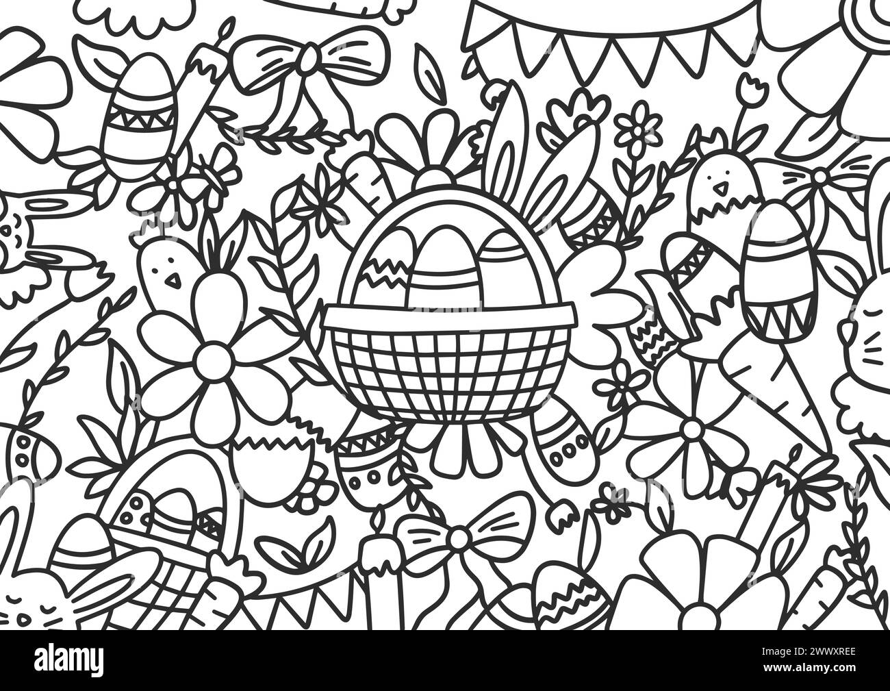 Easter themed vector illustration, a captivating mural of doodle art to elevate your designs, Ideal for greeting cards, digital art, or any project th Stock Vector