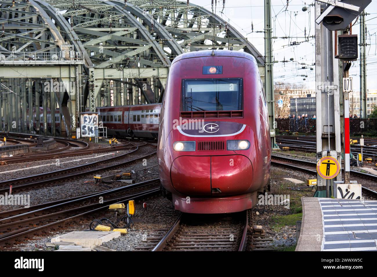 Eurostar high-speed train on arrival at Cologne main station, Hohenzollern bridge, Cologne, Germany. Since October 2023, the former Thalys trains run Stock Photo