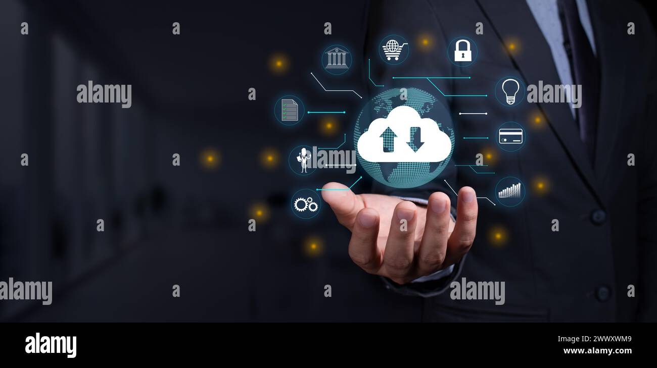 Documentation in the cloud. businessman stores his documents online with privacy protection. cybersecurity concept. Stock Photo