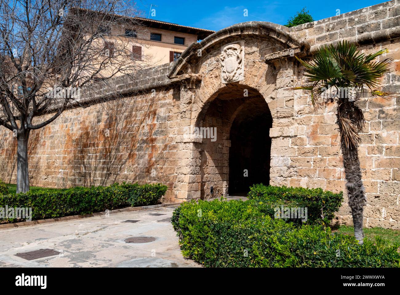 City gate, city wall, Carrer Portella Passeig Dalt Murada, Palma de Majorca, Majorca, Balearic Islands, Spain Stock Photo