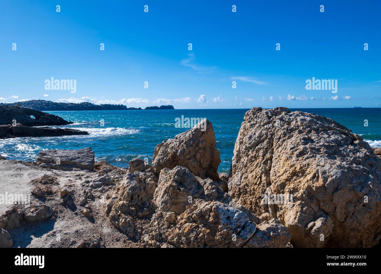 View from the beach Playa La Romana in Paguera or Peguera, municipality Calvia, Majorca, Balearic Islands, Spain Stock Photo