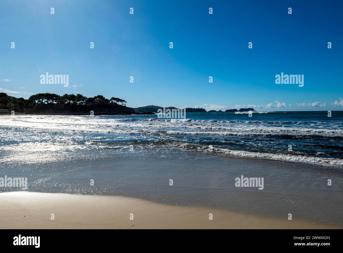 View from the beach promenade at Playa Palmira in Paguera or Peguera, municipality of Calvia, Majorca, Balearic Islands, Spain Stock Photo