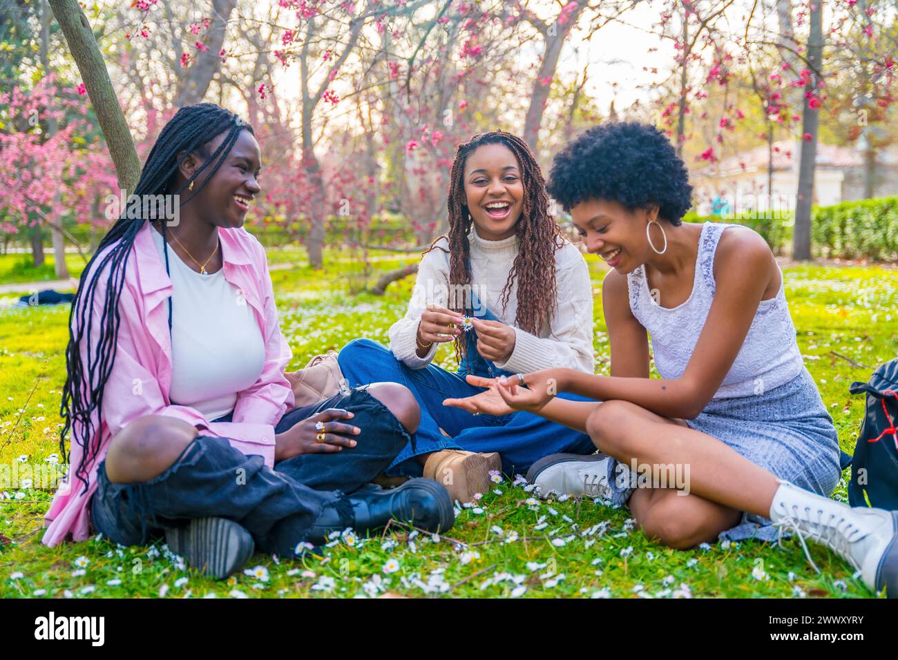 Playful african young women messing with flowers sitting on the grass in a park Stock Photo
