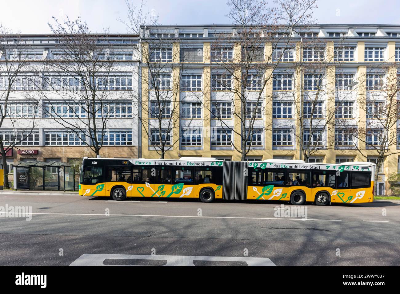 Bus stop for SSB AG buses, with advertisement Oekomobil, the buses run on synthetic fuel, Ostendstrasse Stuttgart, Baden-Wuerttemberg, Germany Stock Photo