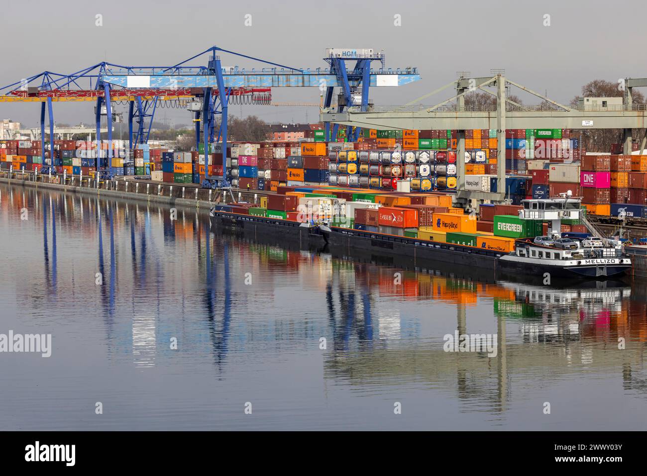 Container terminal in the port of Mannheim, sea containers are stacked in one of the most important inland ports in Europe, trimodal transport node Stock Photo