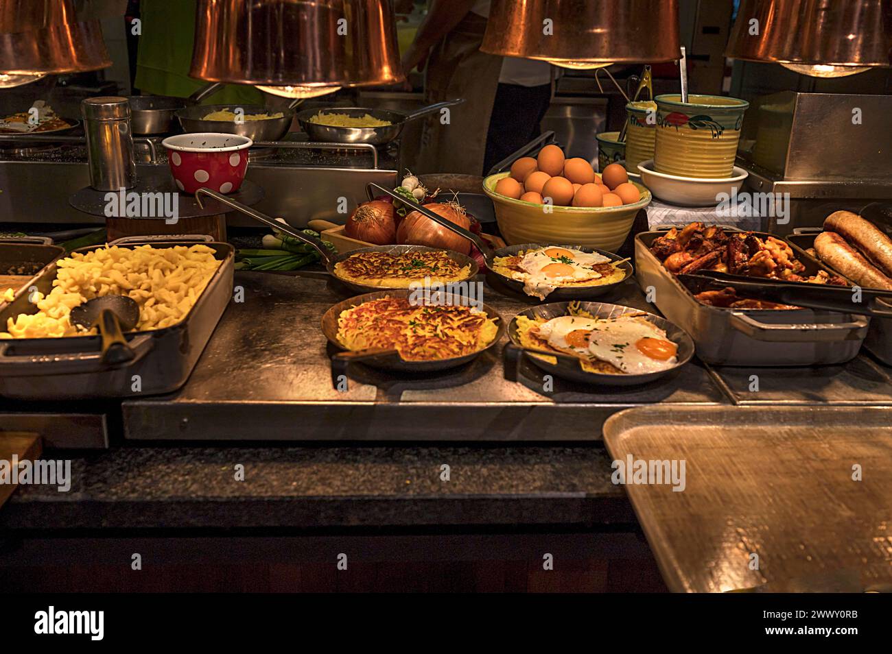 Freshly prepared dishes under heat lamps, Brandenburg, Germany Stock Photo