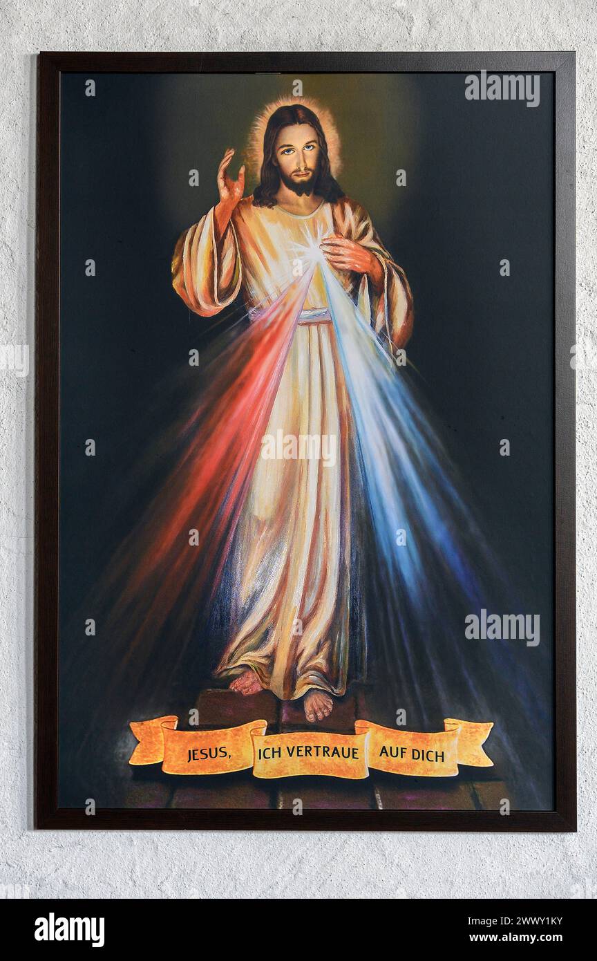 Poster with blessing Jesus figure, former monastery church Mater Salvatoris, Boerwang, Allgaeu, Swabia, Bavaria, Germany Stock Photo