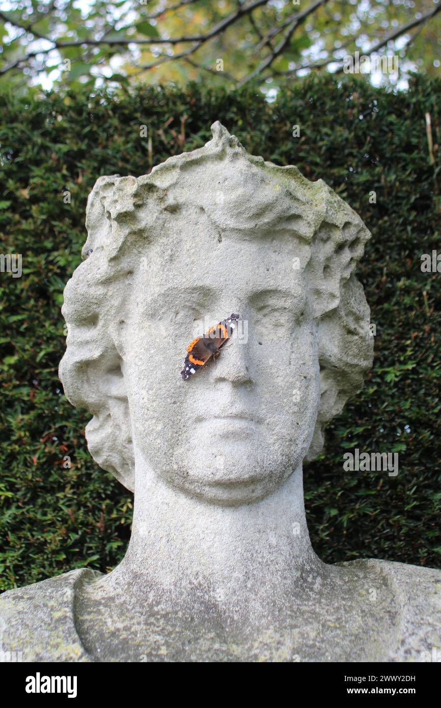 Ein Schmetterling, der sich auf dem Gesicht einer antiken Statue ausruht. Stock Photo